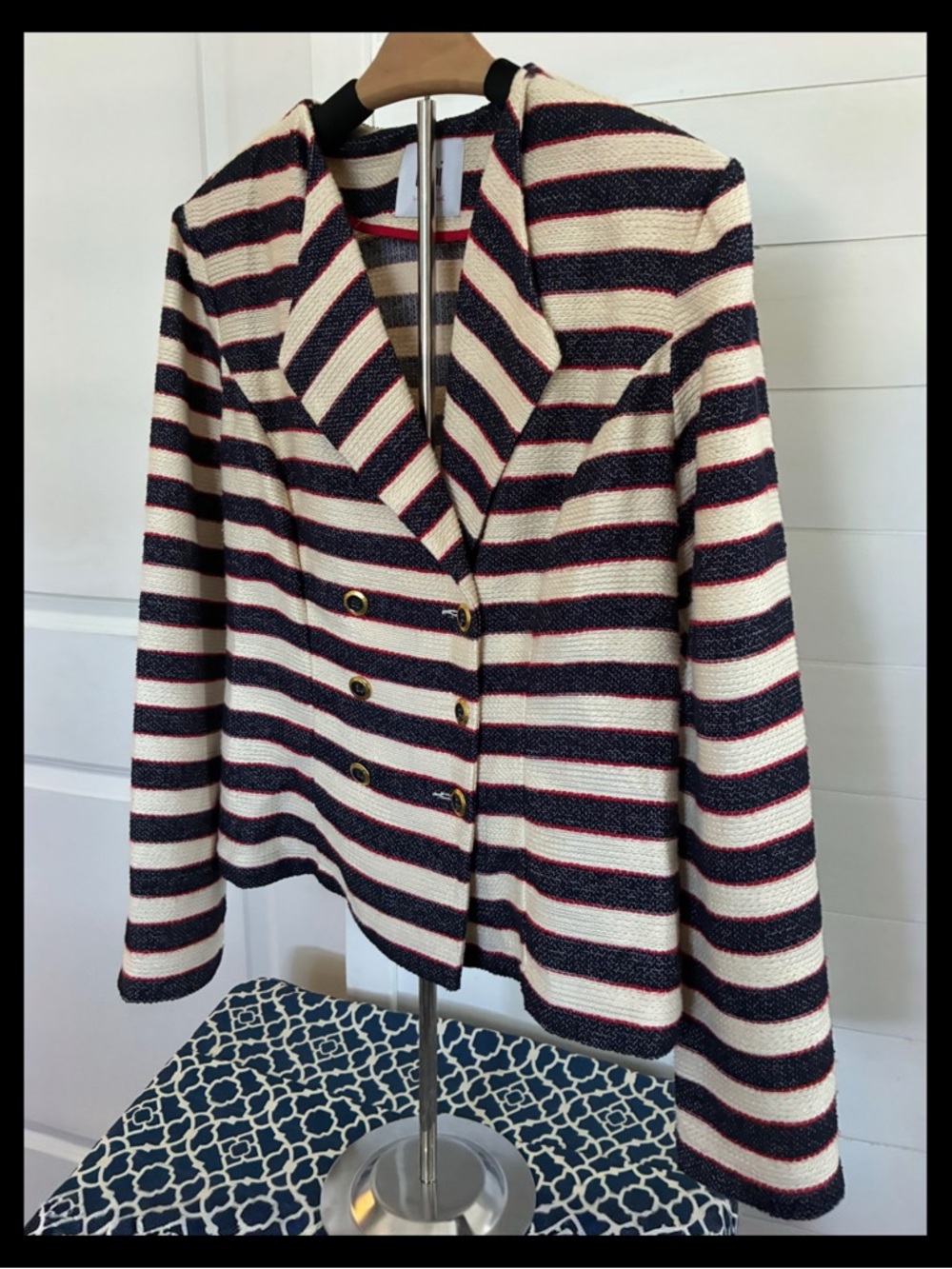 CAbi Navy, Cream & Red Striped Double-Breasted Nautical Blazer